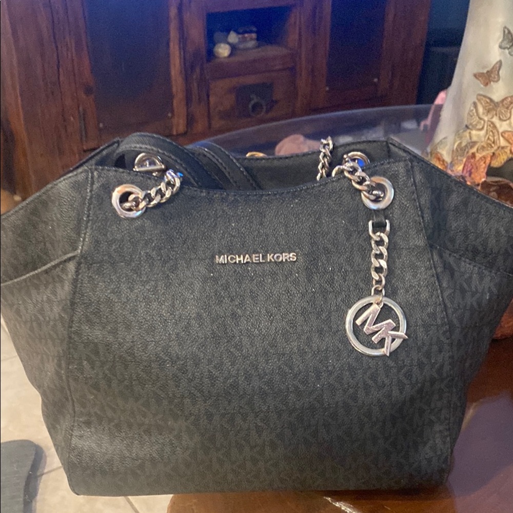 Michael Kors Black Shoulder Bag with Silver Accents